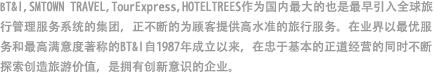 旅游事业部门（BT&I, SMTOWN TRAVEL，Tour Express，HOTELTREES）作为最早导入全球旅游管理服务（Global Travel Management Service）的，韩国最大专业旅行集团BT&I，正不断为顾客提供最高水准的旅行服务。凭借业界最佳服务与满足度，引领着旅游行业的BT&I，自1987年成立以来，不断加入年轻的想法，探索忠于基本的正道经营，试图通过旅游业价值创造带来变化与发展。