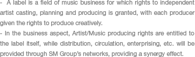 A label is a field of music business for which rights to independent artist casting, planning and producing is granted, with each producer given the rights to produce creatively. In the business aspect, Artist/Music producing rights are entitled to the label itself, while distribution, circulation, enterprising, etc. will be provided through SM Group’s networks, providing a synergy effect.