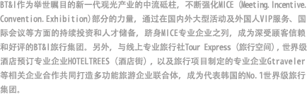 BT&I不断强化，作为举世瞩目的下一代观光产业的中流砥柱MICE (Meeting, Incentive, Convention, Exhibition，会议,奖励旅游,研讨会和展览)部分的发展力度，通过对国内外活动、外国人VIP活动及国际会议等的持续投资以及最完善的人才储备，跻身MICE专业企业之列，成长为深受顾客信赖与好评的BT&I旅行集团。另外，与在线专业旅行社Tour Express（旅行空间），全世界酒店预订专业企业HOTELTREES（酒店街），以及旅行节目和活动专业企业Gtraveler等关系单位，共同组成了多姿多彩的旅游业企业联合体，已经成长为代表韩国的No.1世界级旅行集团。