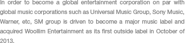 In order to become a global entertainment corporation on par with global music corporations such as Universal Music Group, Sony Music, Warner, etc, SM group is driven to become a major music label and acquired Woollim Entertainment as its first outside label in October of 2013.