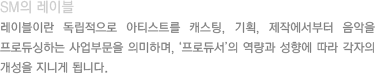 SM의 레이블 - 레이블이란 독립적으로 아티스트를 캐스팅, 기획, 제작에서부터 음악을 Producing 하는 사업부문을 의미하며, ‘프로듀서’의  역량과 성향에 따라 각 자의 개성을 지니게 됨